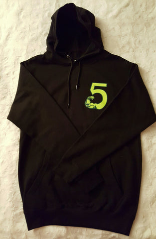 Pullover Hoodie in Bkack with Green 5MORE Logo on Front and Back